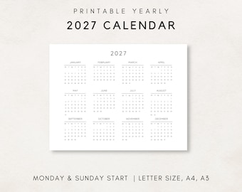 2027 Yearly Calendar, Printable Calendar, 2027 Calendar, Digital Calendar, Yearly wall Calendar, Year at a glance, 2027 Annual Calendar
