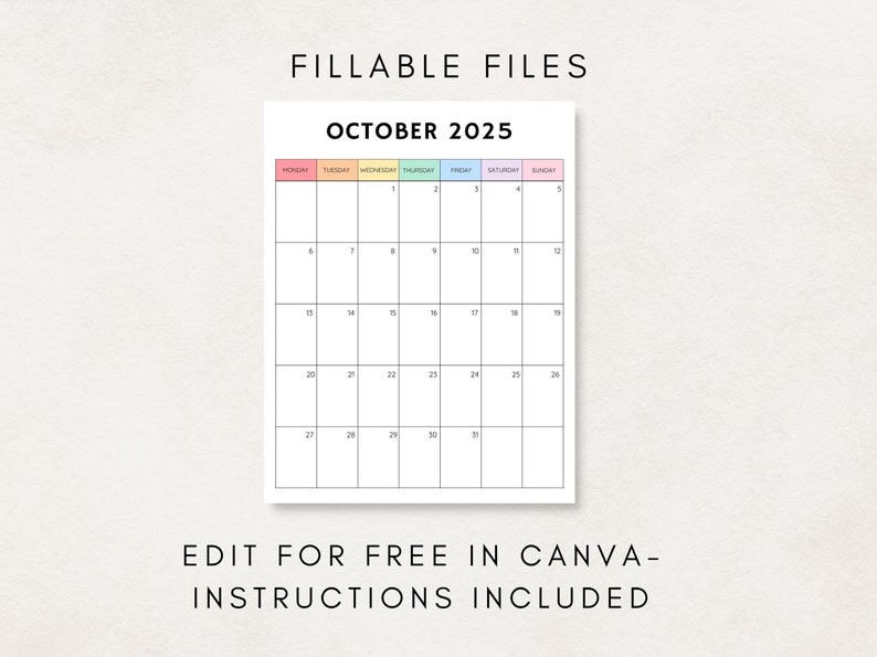 2025 Calendar Printable, Monthly Calendar 2025, Blank Calendar 2025