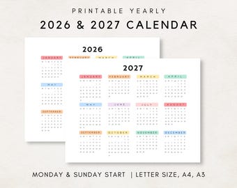 Jaarkalender 2026-2027 afdrukbaar, kalender 2026-2027, digitale kalender 2026-2027, jaarlijkse wandkalender, jaarkalender 2026 2027