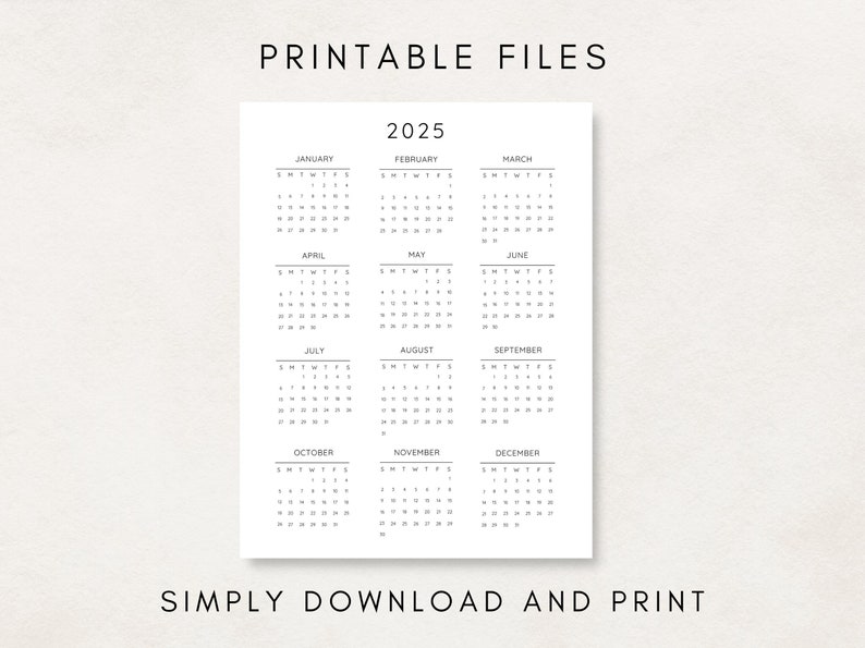 2025 Yearly Calendar, Printable Calendar, 2025 Calendar, 2025 Digital Calendar, Yearly Wall 
