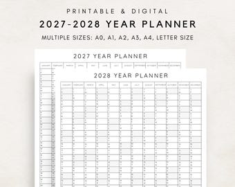 以下が含まれることがあります： 印刷可能でデジタルな2027-2028年イヤー・プランナー。A0、A1、A2、A3、A4、レターサイズなど、複数のサイズがあります。画像は2027年と2028年のイヤー・プランナーのレイアウトを示しています。