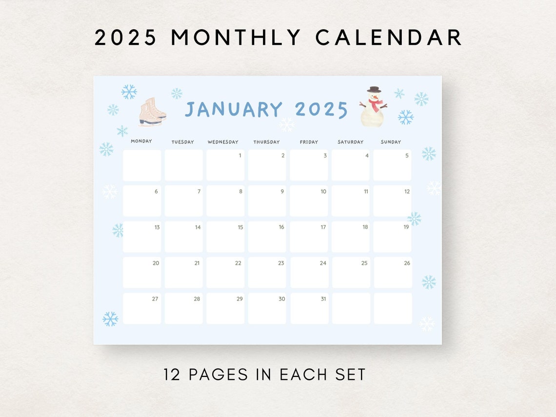 Cute 2025 Calendar Printable, Monthly Calendar 2025, 2025 Planner