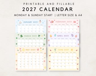 Cute 2027 Calendar Printable, Monthly Calendar 2027, 2027 Planner, Monthly Planner 2027, Aesthetic Calendar, 2027 Editable Calendar, 2027