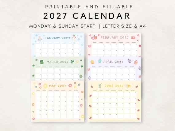 Cute 2027 Calendar Printable, Monthly Calendar 2027, 2027 Planner, Monthly Planner 2027, Aesthetic Calendar, 2027 Editable Calendar, 2027
