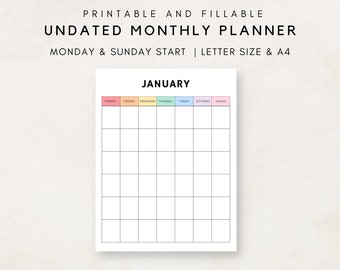 Monthly Calendar Undated, Monthly Planner Undated, Monthly Planner Printable, Fillable Monthly Planner, Month at a glance, Monthly Overview