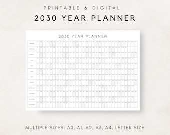 2030 Year Planner Printable, Yearly Planning Calendar, Calendar Poster, 2030 Digital Calendar, 2030 Calendar, 2030 Planner, Year at a glance