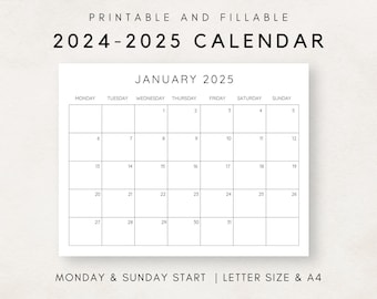 2024- 2025 Calendar Printable, Monthly Calendar 2024- 2025, Fillable Calendar, 2024-2025 Planner, Minimalist Calendar, Simple Clean Calendar