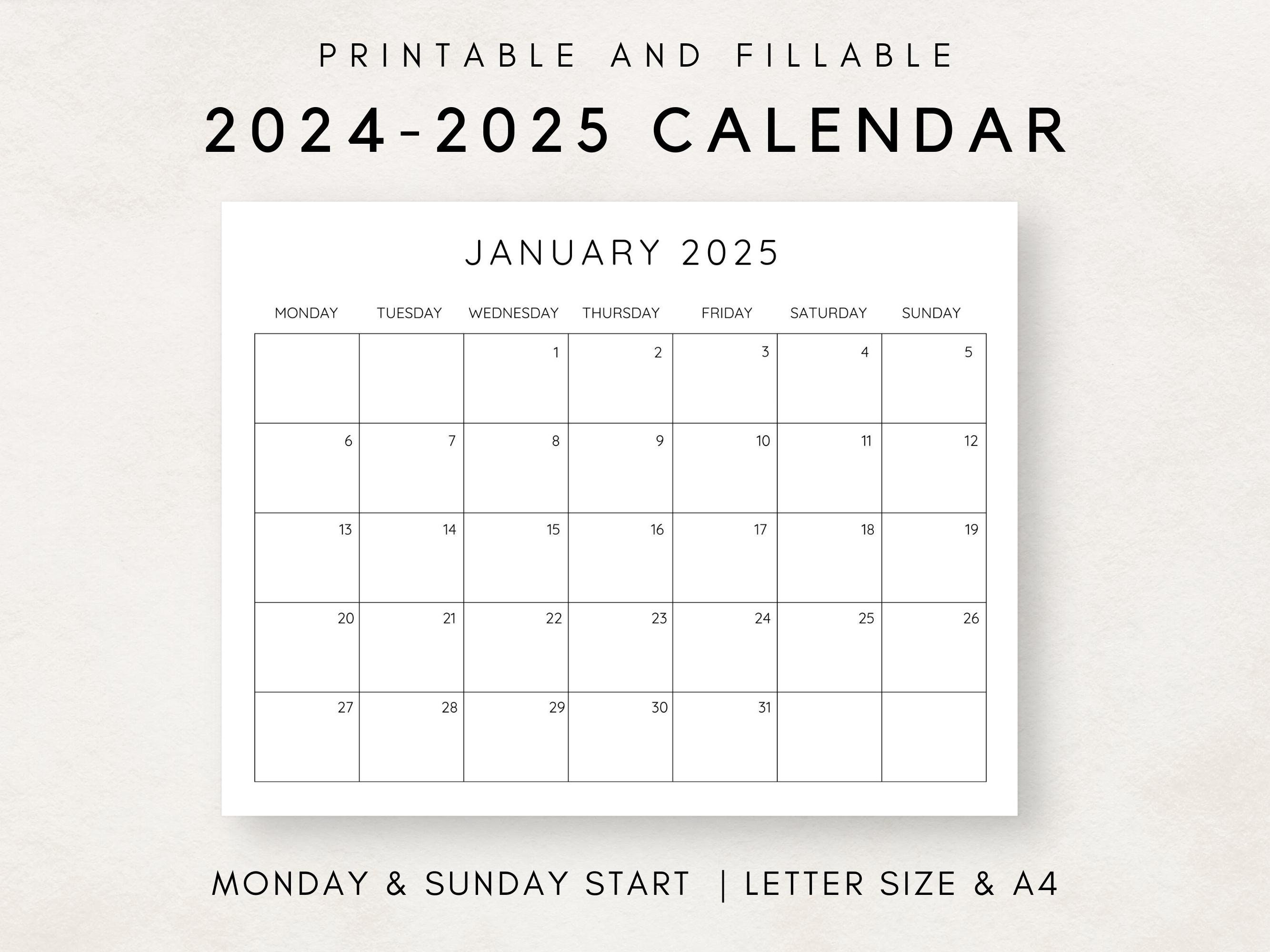 2024- 2025 Calendar Printable, Monthly Calendar 2024- 2025, Fillable ...
