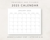 2025 Calendar Printable, Monthly Calendar 2025, Fillable Calendar, 2025 Planner Printable, Minimalist Calendar, Simple Clean Calendar