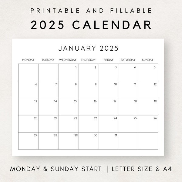 2025 Calendar Printable, Monthly Calendar 2025, Fillable Calendar, 2025 Planner Printable, Minimalist Calendar, Simple Clean Calendar