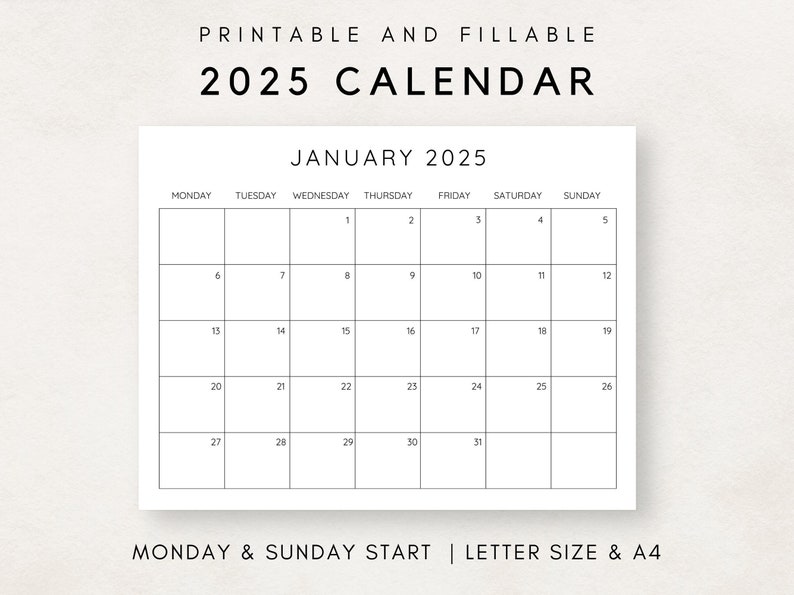 2025 Calendar Printable, Monthly Calendar 2025, Fillable Calendar, 2025