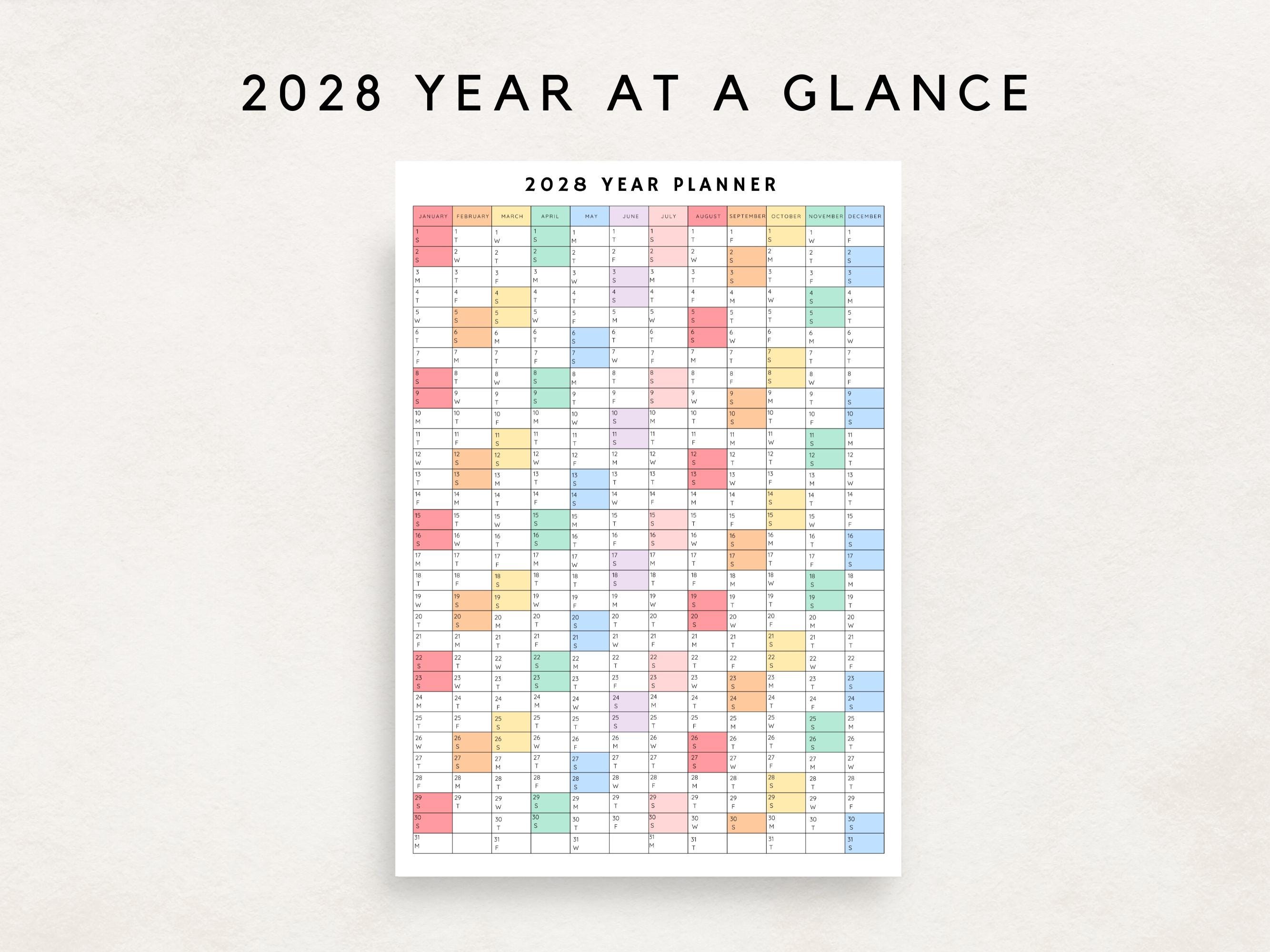 2028 Yearly Planner Printable, Yearly Planning Calendar, Calendar