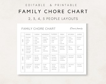 Family Chore Chart Printable, Editable Family Schedule, Family Chores, Printable Chore Chart, Adult Chore Chart, Weekly Family Planner