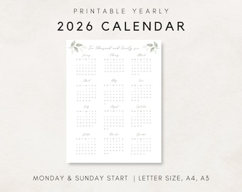 2026 Yearly Calendar, Printable Calendar, 2026 Calendar, 2026 Digital Calendar, Yearly wall Calendar, Year at a glance, 2026 Annual Calendar