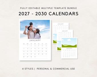 2027-2030 Calendar Template, 2027-2030 Photo Calendar, 2027-2030 Calendar, Blank Calendar, PLR Calendar, Editable Calendar, Calendar 27-30