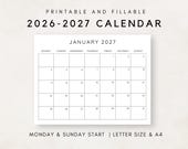 2026- 2027 Calendar Printable, Monthly Calendar 2026- 2027, Fillable Calendar, 2026-2027 Planner, Minimalist Calendar, Simple Clean Calendar