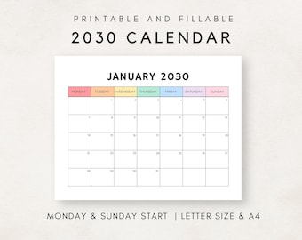 2030 Monthly Calendar, 2030 Calendar Printable, Blank Calendar 2030, Calendar Template, 12 Month Calendar, Month at a glance, 2030 Planner
