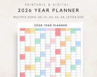 2026 Yearly Planner Printable, Yearly Planning Calendar, Calendar Poster, Digital Calendar, 2026 Calendar, 2026 Planner, Annual Overview