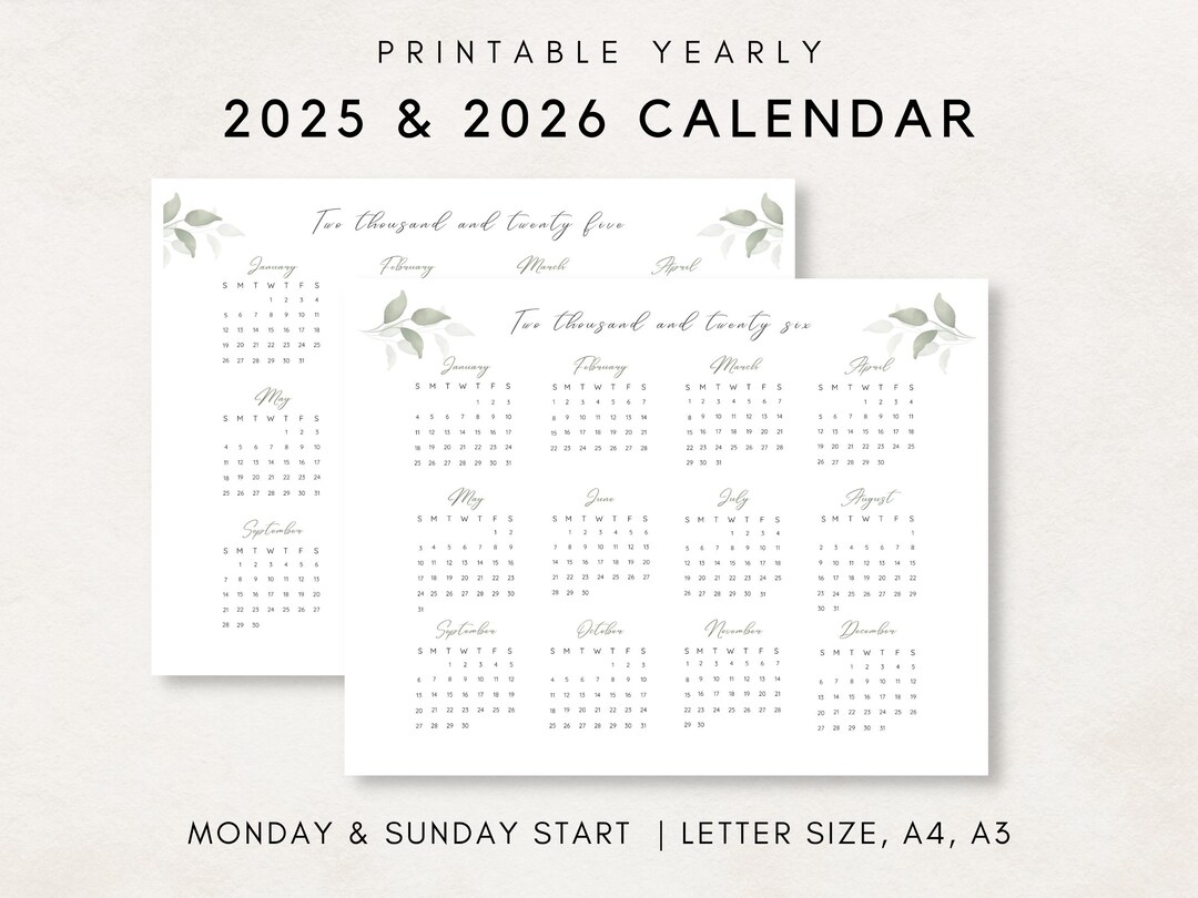 20252026 Yearly Calendar, Printable Calendar, Wall Calendar, 20252026