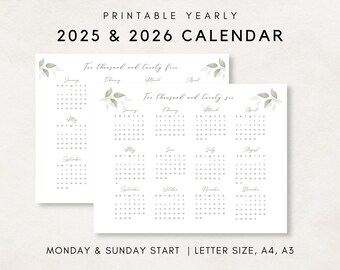 2025-2026 Yearly Calendar, Printable Calendar, Wall Calendar, 2025-2026 Calendar, Yearly wall Calendar, 2025-2026 Annual Calendar
