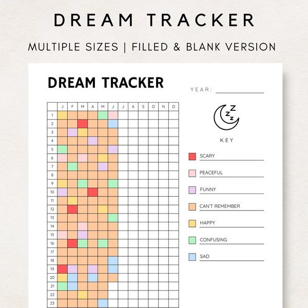 Dream Tracker, Dream Journal, Sleep Tracker, Yearly Tracker, Bullet Journal, Planner Template, Planner Insert, Dream Tracker Printable