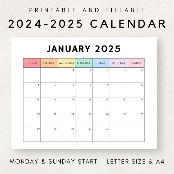 Monthly Calendar 2024-2025, 2024- 2025 Calendar Printable, Calendar Template, 12 Month Calendar, Month at a glance, 2024- 2025 Planner
