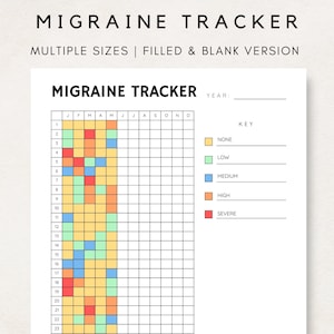 May include: A printable migraine tracker with a calendar grid for tracking migraine severity. The grid is color-coded with yellow for none, green for low, blue for medium, orange for high, and red for severe.