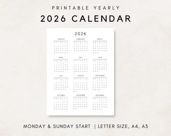 May include: Printable 2026 calendar with a black and white design. The calendar is divided into 12 months, with each month displayed in a separate box. The calendar starts on Monday and ends on Sunday. The calendar is available in letter, A4, and A3 sizes.