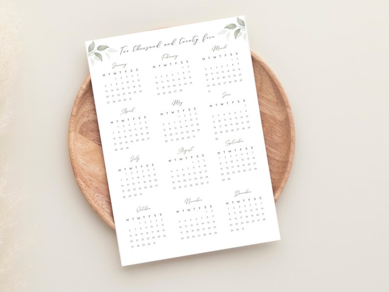 2025 Yearly Calendar, Printable Calendar, 2025 Calendar, 2025 Digital ...