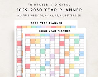 Planificador anual 2029-2030, Calendario de planificación anual, Póster de calendario, Calendario 2029-2030, Digital 2029-2030, Planificador imprimible 2029-2030
