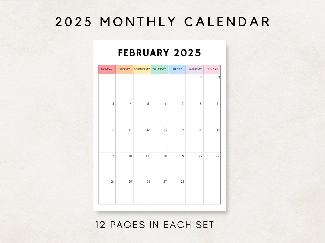 2025 Calendar Printable, Monthly Calendar 2025, Blank Calendar 2025, Calendar Template, 12 Month