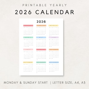 Plan ahead with this 2026 Yearly Calendar Printable! This digital download offers an annual calendar to stay organized throughout the year.