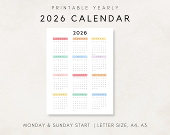 2026 Yearly Calendar, Printable Calendar, 2026 Calendar, 2026 Digital Calendar, Yearly wall Calendar, Year at a glance, 2026 Annual Calendar