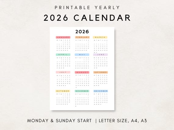 2026 Yearly Calendar, Printable Calendar, 2026 Calendar, 2026 Digital Calendar, Yearly wall Calendar, Year at a glance, 2026 Annual Calendar