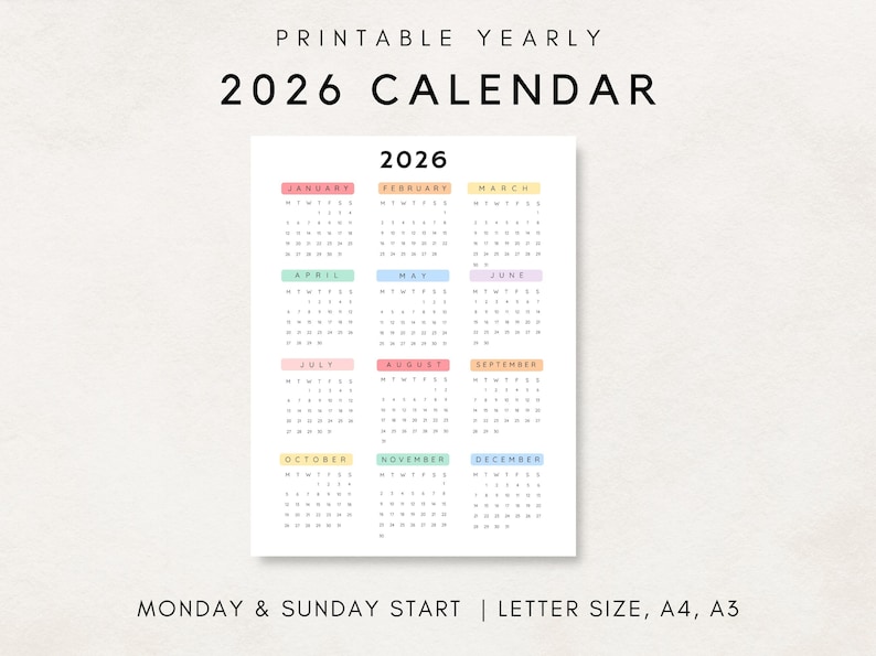 Plan ahead with this 2026 Yearly Calendar Printable! This digital download offers an annual calendar to stay organized throughout the year.