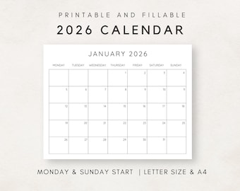 2026 Calendar Printable, Monthly Calendar 2026, Fillable Calendar, 2026 Planner Printable, Minimalist Calendar, Simple Clean Calendar, 2026
