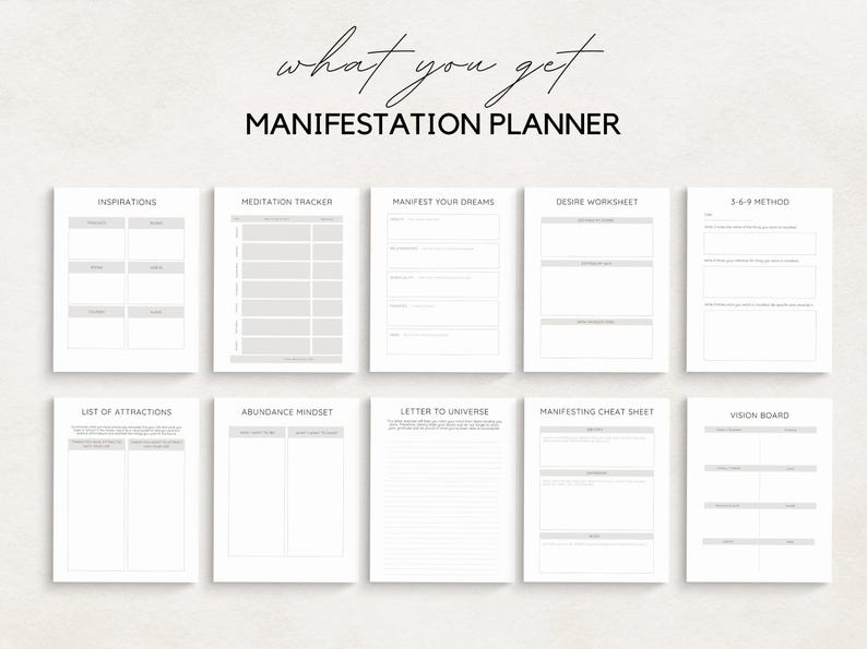 Unlock the power of your dreams with this Manifestation Planner Printable. This comprehensive Manifestation Journal is designed to help you manifest your goals, dreams, and desires using the Law of Attraction.