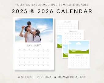 2025-2026 Calendar Template, 2025-2026 Photo Calendar, 2025-2026 Calendar, Blank Calendar, PLR Calendar, Editable Calendar, Calendar