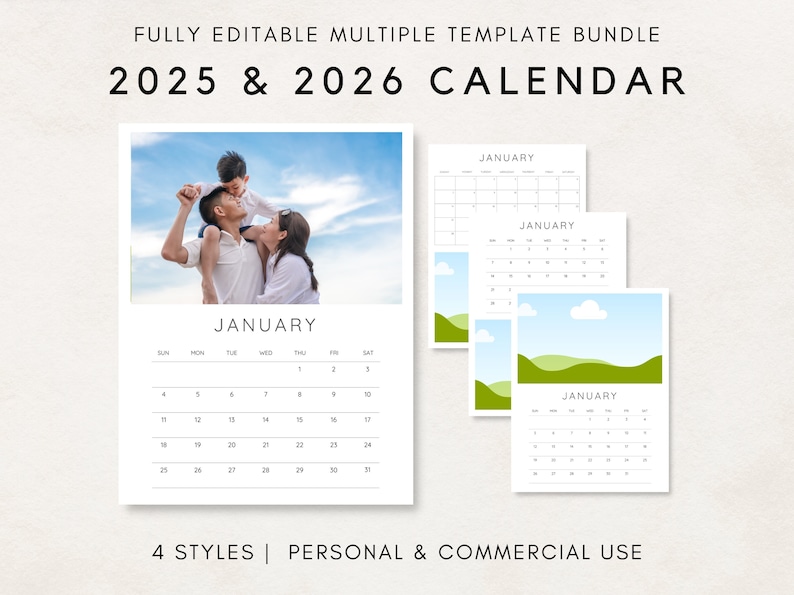 Step into the year with this versatile 2025-2026 Calendar Template! This editable calendar is designed for both personal and commercial use. Add your pictures or designs effortlessly.