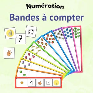 Peut inclure: Ensemble de bandes à compter éducatives avec le texte "Numération Bandes à compter". Les bandes colorées présentent des illustrations de différents motifs, tels que des arcs-en-ciel, des fraises et des fleurs. Cartes avec chiffres et représentations visuelles.