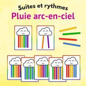 Può includere: Carte con illustrazioni di nuvole sorridenti e pioggia arcobaleno. Il testo "Suites et rythmes Pluie arc-en-ciel" è in alto. Ci sono anche bastoncini colorati. Le carte sono su uno sfondo giallo.