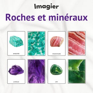 May include: A collection of mineral cards featuring various gemstones. The image includes cards labeled "amazonite," "rhodochrosite," "améthyste," and "jade." The text "Imagier" and "Roches et minéraux" are displayed at the top.