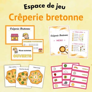 Peut inclure: Ensemble de cartes et de panneaux illustrés pour une crêperie bretonne, avec des éléments de menu, des horaires d'ouverture et des éléments décoratifs. Les cartes présentent diverses garnitures de crêpes et un menu. Le texte "Espace de jeu" et "Crêperie bretonne" sont visibles.