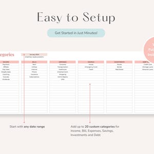May include: A printable budget planner with categories for income, bills, expenses, savings, investments, and debt. The planner includes a section for starting year and month and has a pink and white color scheme.
