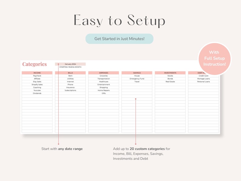 May include: A printable budget planner with categories for income, bills, expenses, savings, investments, and debt. The planner includes a section for starting year and month and has a pink and white color scheme.