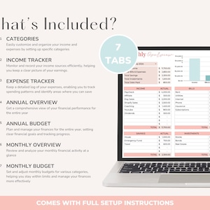 May include: A laptop computer screen displaying a spreadsheet with seven tabs labeled "Income", "Bills", "Expenses", "Savings", "Investments", "Debt", and "Monthly Budget". The spreadsheet is organized into columns and rows with headings such as "Income", "Actual", "Bills", "Actual", "Expenses", "Actual", "Savings", "Actual", "Investments", "Actual", and "Debt", "Actual". The spreadsheet is filled with numbers and text. The laptop is on a white surface. The text "7 Tabs" is in a light blue circle on the left side of the screen. The text "Monthly Budget" is in a pink box on the right side of the screen.