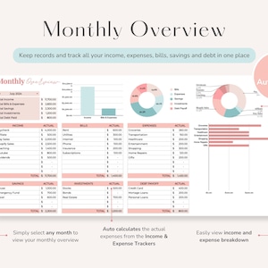 May include: A pink and blue monthly budget planner with charts and graphs. The planner includes sections for income, expenses, bills, savings, and debt. The text "Monthly Overview" is at the top of the page. The text "Fully Automated" is in the top right corner of the page.