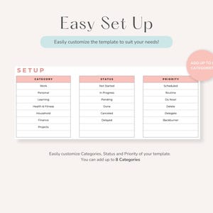 以下が含まれることがあります： 「Easy Set Up」というタイトルのピンクと白の印刷可能なプランナーテンプレート。テンプレートには、カテゴリ、ステータス、優先度のセクションが含まれています。「最大8つのカテゴリを追加」というテキストがピンクの円の中にあります。