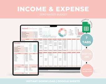 "Einkommens- und Ausgaben-Tracker-Spreadsheet Arbeitsblatt ""Null-basiertes Budget"" Persönlicher Haushaltsplaner Monatlicher Ausgaben-Tracker Google Sheets Vorlage."