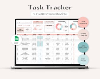 Suivi des tâches Google Sheets, suivi de la gestion des tâches, feuille de calcul, planificateur de productivité, liste de tâches, calendrier intelligent, liste de contrôle quotidienne